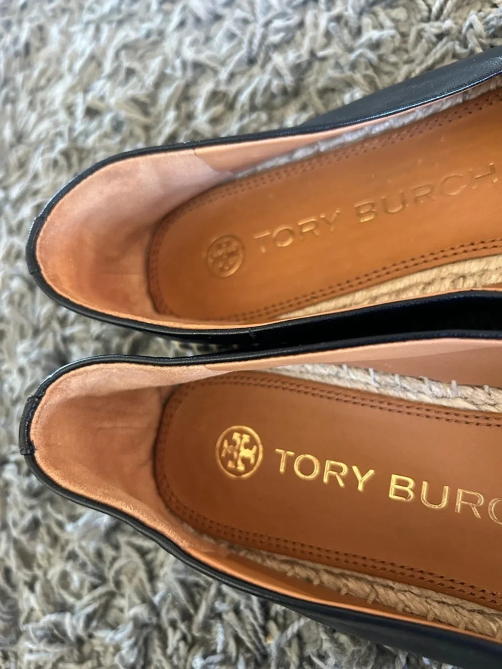 Tory Burch ELEANOR ESPADRILLE Black Leather Espadrille Flats with Gold Logo
